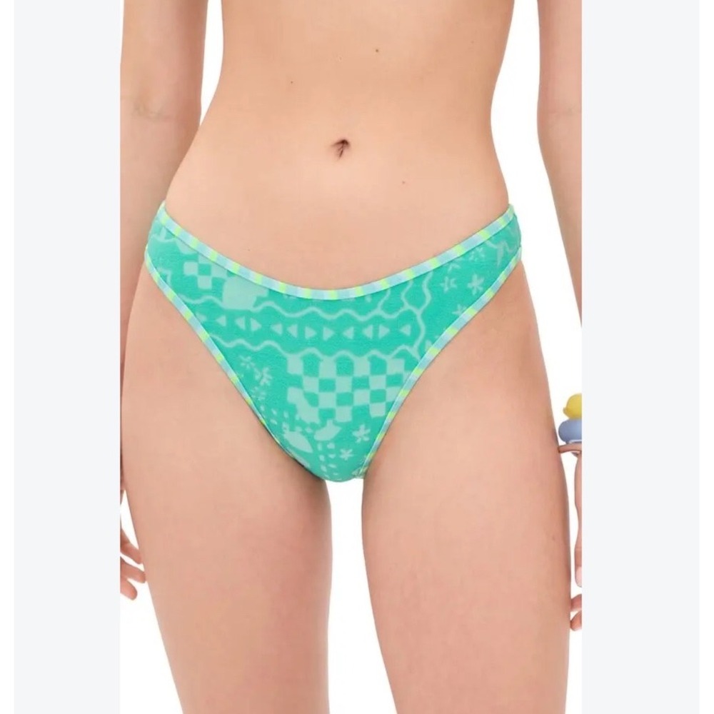 Beach Riot Daria Bikini Bottom Aqua Haze Jacquard Terry Teal Lime Green Large
